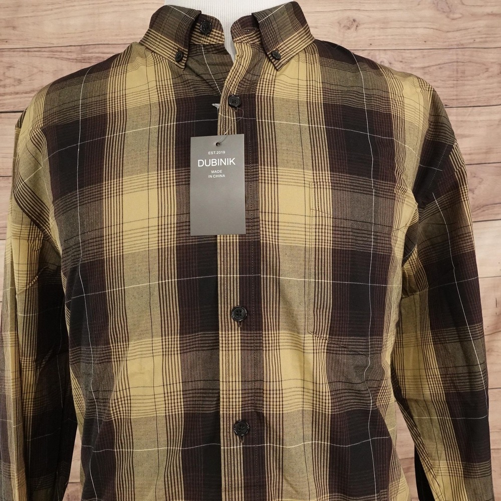 Dubinik Shirt Mens XL Brown Plaid Long Sleeve Button-Up Cotton Blend Casual